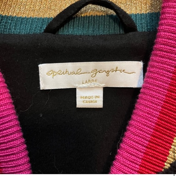 Spiritual Gangster Cropped Furry Bomber Zip Jacket Rainbow Trim Black Size Large - Picture 10 of 12